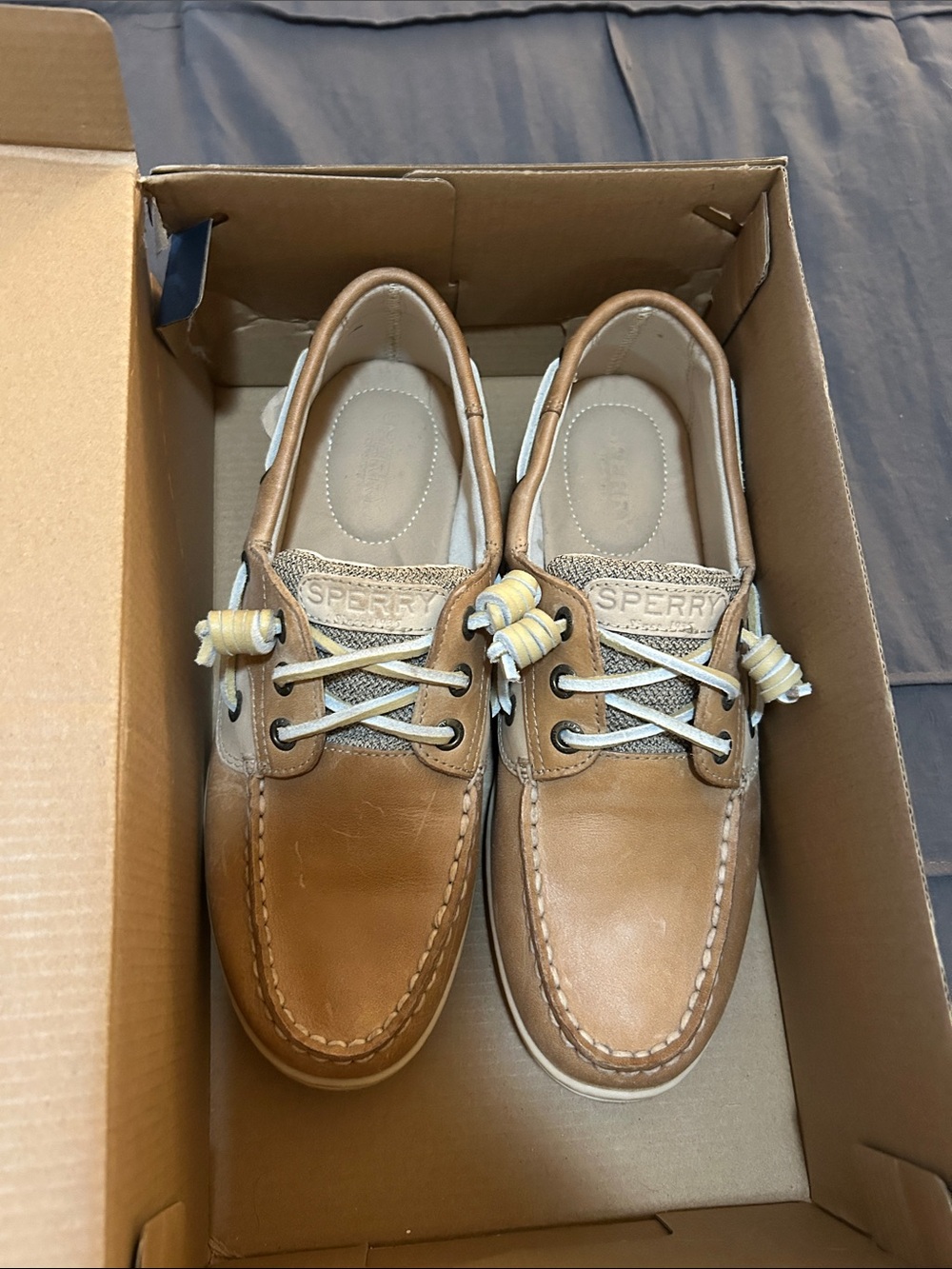 Sperry Women's Tan Leather 2-Eye Boat Shoes with White Accents